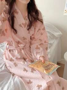 1pc Spring Autumn New Style Long Robe Bathrobe Loungewear Robe For Women, Minimalist Plaid Casual Homewear