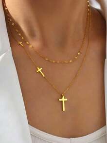 MONALLY 1件18K镀金奢华时尚金色几何圆形双层项链，优雅不锈钢首饰，女士夏季假日旅行海滩派对礼物 - 雙層項鍊 - 查看 16