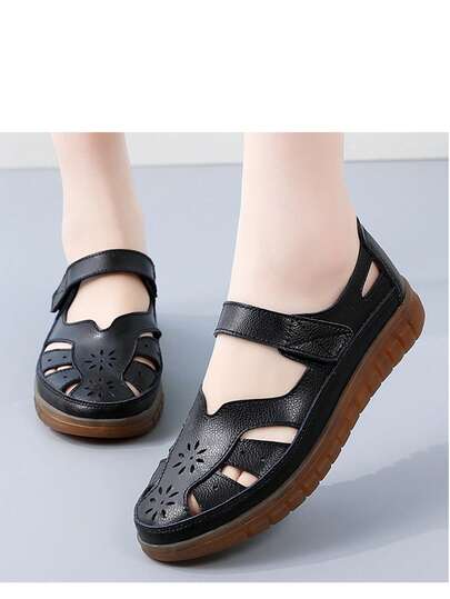 Sandalias planas de cuero genuino para mujer, zapatos tipo pescador de punta cerrada, zapatos de verano cómodos y casuales, zapatos de trabajo, zapatos para caminar a diario, sandalias deslizantes de calidad de piel de vaca con diseño calado