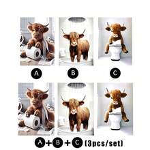 1/3 件套奇思妙想高地牛浴室海报 | 有趣的农场动物帆布艺术，Cottagecore 奶牛礼品，适合幽默爱好者的农舍墙壁装饰，无框架