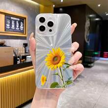 Bright Yellow Sunflower Single Bloom White Background-Angle-Changeable Firework Phone Case|Multi-Dimensional Sparkle Effect |Anti-Slip, Shockproof For IPhone [X/11/12/13/14/15/16 Pro Max], Girls Aesthetic Accessories - White - View 5
