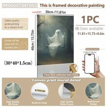 1 件秋千帆布海报 - 可怕的万圣节墙壁艺术与可爱的幽灵，带框卡通风格装饰，适合客厅、卧室或家庭办公室，室内使用，非常适合儿童房或浴室，万圣节装饰