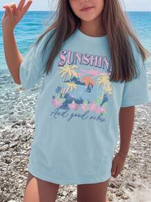 1 pieza Camiseta de cuello redondo de manga corta estampada de colores casual para niñas, ropa de verano para estudiantes y jóvenes - Estampados vibrantes que inspiran la imaginación y la autoexpresión