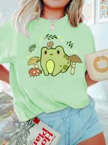 1 pieza Camiseta de manga corta con cuello redondo y estampado gráfico informal para niñas y estudiantes en verano, camiseta de moda joven con estampado de letra en inglés que inspira