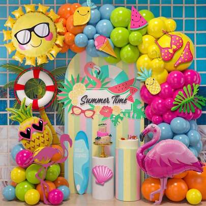 Set de 124 piezas de globos de helio con tema hawaiano, que incluye piña, flamenco para decoración de arco de globos para fiesta al aire libre, cumpleaños o fiesta temática