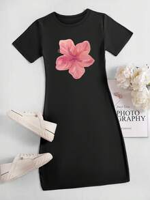 Women'S Black Bodycon Dress With Pink Floral Print- Short Sleeve Round Neck Casual Summer Outfit, Versatile All Seasons, Hand Wash Or Dry Clean, Close-Fitting Design, Daily Fashion, Elegant Fabric - Black - View 1