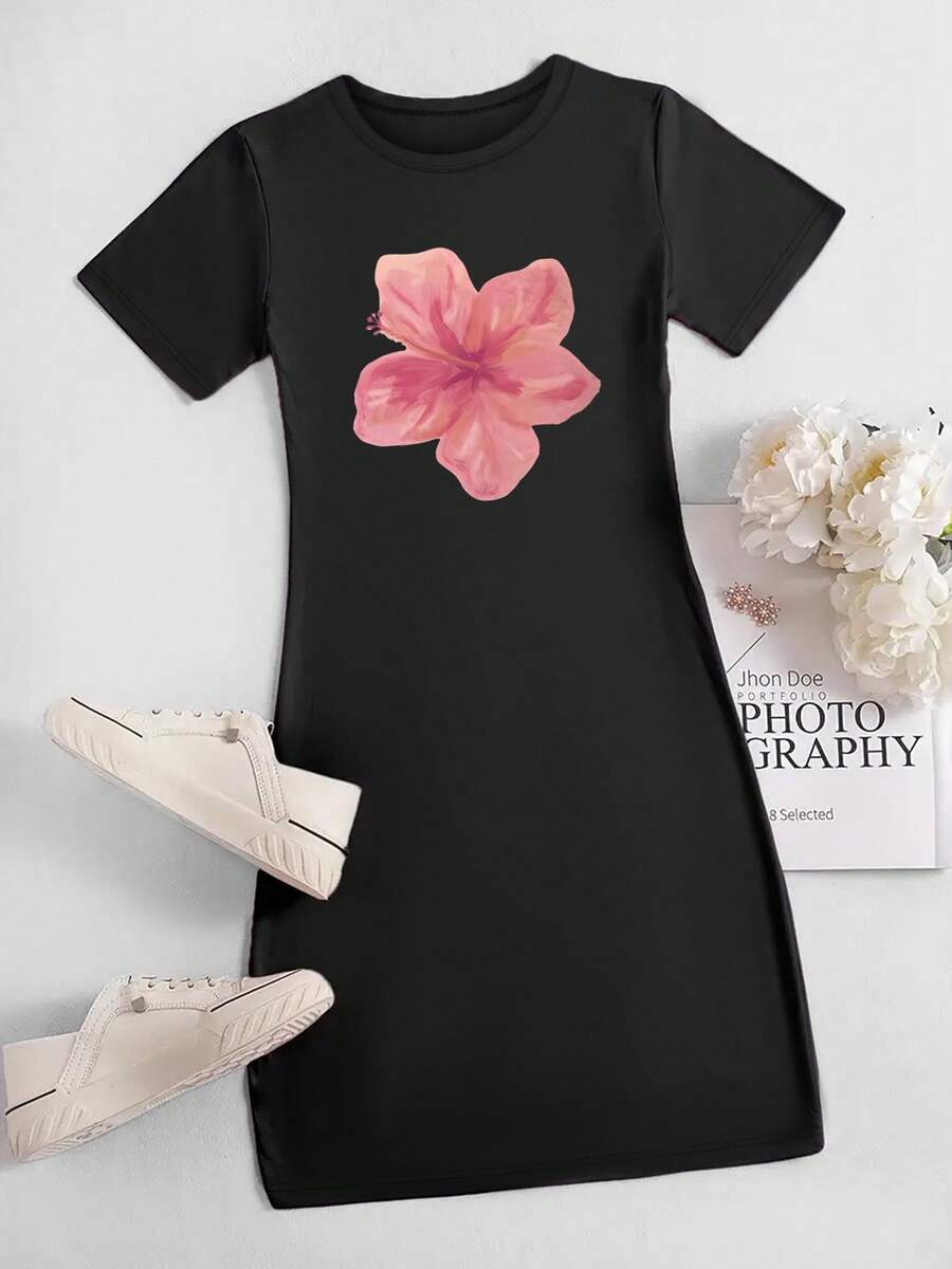 Women'S Black Bodycon Dress With Pink Floral Print- Short Sleeve Round Neck Casual Summer Outfit, Versatile All Seasons, Hand Wash Or Dry Clean, Close-Fitting Design, Daily Fashion, Elegant Fabric - Black - View 1