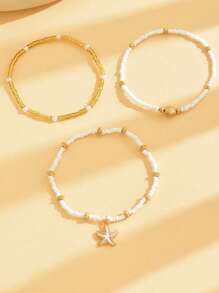Set aus 3 einfachen weißen Reisperlen-Kunstperle-Muschelanklets für Damen, geeignet für den täglichen Gebrauch und Urlaubsreisen