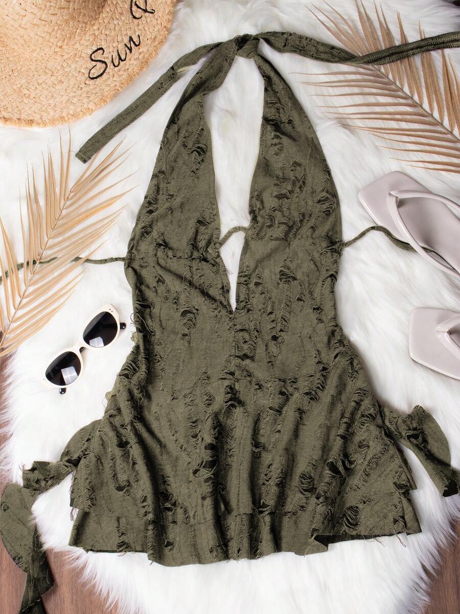 时尚性感深V领露背破洞迷你连衣裙