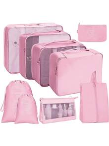 9pcs Travel Storage Box Set, Including Compression Shoe Bags, Clothing & Underwear Organizer Bags, Luggage Packing Cubes, Travel Accessories Organizer Travel Essentials Travel Bag For Vacation Holiday Back To School School Stuff Dorm Room Essentials College - Pink - View 2
