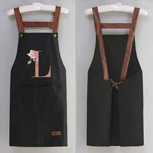 1 件套家用厨房围裙 - 可调节肩带设计，大前口袋成人男女烹饪耐用围裙，四季创意字母 A-Z 印花围裙轻薄围裙餐厅店服务员工作制服 - 黑色 - 查看 23