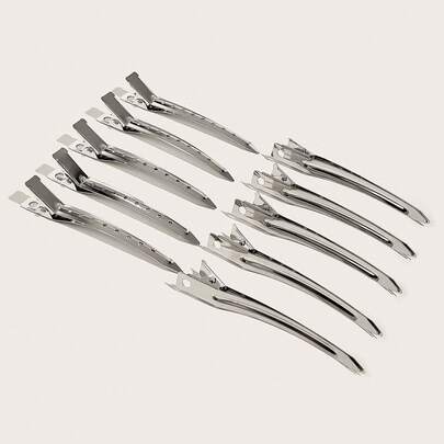 10个专业鸭嘴式分区夹 - 银色波浪鳄鱼夹，适用于造型、剪发、烫发和染发 - 防滑扁平发夹，可精准分区 - 金属美发工具，适用于沙龙、理发店和家庭使用 - 耐热防滑设计，返校、旅行和度假必备，适合女性，可搭配梳子、吹风机、头发、发型师、边缘刷、卷发产品、剪刀使用，圣诞节、理发店、美发、吹风机、发刷、发型师、发型、美发、理发店、美发设备