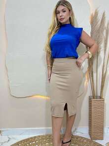 Saia Midi Lapis Secretaria Social Fenda Lateral Casual Com Elastano - Bege - Visão 3