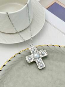1 pieza Collar colgante de metal con cruz y decoración de perla falsa estilo vintage minimalista, accesorio de regalo para mujer para uso diario, fiesta y festival