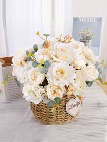 1 pièce Bouquet de roses artificielles, chrysanthème bulbeux. Cadeaux pour la Saint-Valentin, décorations pour les fêtes d'anniversaire, paniers de fleurs de mariage, fleurs à tenir par la mariée. Décoration pour la maison, salles à manger, chambres, rebords de fenêtres, vases. Décorations pour le Nouvel An, jardins extérieurs, rentrée des classes - Blanc - Voir 11