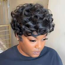 Short Pixie Wigs For Black Women Short Black Curly Pixie Wig Synthetic Short Hair Wigs For Black Women Natural Wavy Black Pixie Cut Wig (Natural Black) - 黑色 - 查看 3