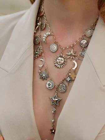 ZAA Love Sun Moon Tassel Necklace, Retro Tassel Necklace, Retro Niche High-End Collarbone Chain, Bohemian Style Necklace, Fashion 2025 New Accessory,Vintage Antique Craftsmanship, With A Slight Shortage Of Pearls, Is A Normal Phenomenon And Does Not Affect Its Use