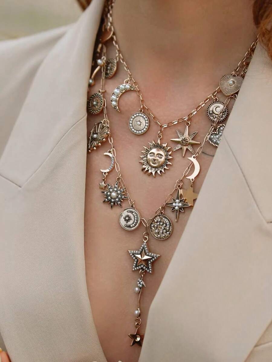 ZAA Sun & Moon Tassel Necklace, Vintage Tassel Choker, Retro Niche Luxury Collarbone Chain, Bohemian Style Necklace, 2026 New Fashion Accessory - Multicolor - View 1