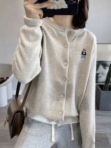 Embroidered Bear Knit Cardigan Women, Single-Breasted Round Neck Long Sleeve Sweater Jacket
