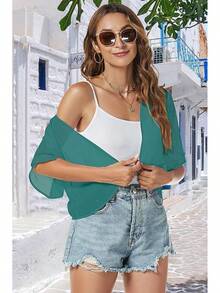 Women Shrug Chiffon Cardigans Open Front Short Sleeve Bolero Evening Dressy - Xanh lam Xanh lục - Xem 5