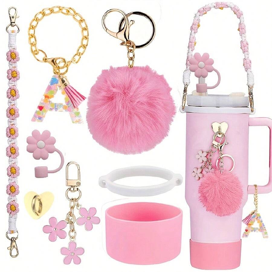 8 件适用于斯坦利杯装饰配件，8-9 毫米吸管盖，硅胶靴 30 40 盎司兼容斯坦利杯，女孩圣诞礼物，DIY 礼物创意装饰，感恩节装饰，朋友礼物装饰，圣诞派对装饰，适用于斯坦利配件，圣诞杯 - 粉紅色26字母 - 查看 1