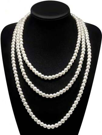 1 Pc 72-Inch Elegant Pearl Multi-Layer Necklace Without Additional Decoration Is Suitable For Women's Daily Wear And Various Occasions