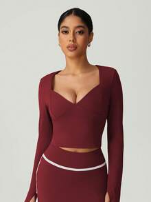 Women's Slim Fit Deep V Neck Thumb Buckle Outdoor Casual Sports Long Sleeve T-Shirt For All Season - Red Violet - View 5