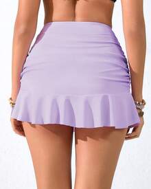 Shorts con falda de natación con volantes y fruncido de cintura alta, control de abdomen, Bottom de bikini tipo tankini para mujer Halcurt - Morado claro - Ver 4