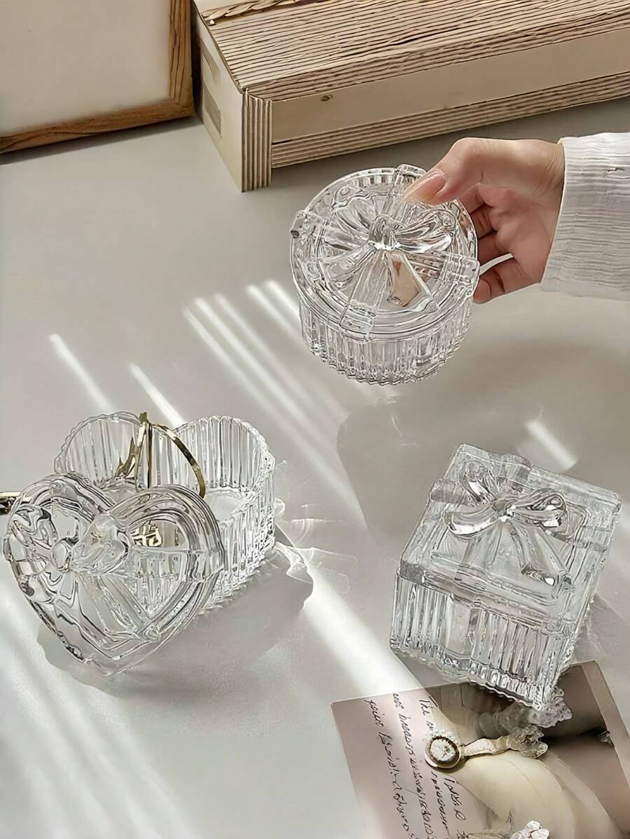 1pc Bow-Knot Crystal Glass Jewelry Box With Cover, Transparent & Delicate Multifunctional Small Storage Box, Suitable For Vanity, Living Room, Bedroom Decor, Perfect Gift For Trinkets, Snacks, Holidays