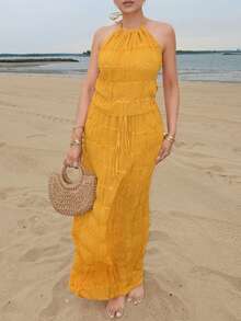 Melissa Matos Apricot Chiffon Multi-Layer Pleated Lace Trim Halter Backless Maxi Dress Set, Romantic Elegant 2-Piece Outfit - Yellow - View 5