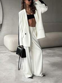 2 件套女士休闲商务宽松西装套装撞色西装外套和松紧腰直筒裤套装，夏季/春季，优雅风格，适合办公室女士，时尚非正式通勤 - 白色撞黑色 - 查看 4