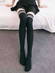 1 Pair Women Simple Versatile Comfortable Personalized Thigh High Socks, All Season, Cozy - Black and White - View 4