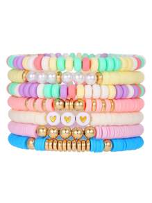 7pcs Stylish Soft Clay & Faux Pearl CCB Heart Design Layered Beaded Bracelet Set, Suitable For Women Daily Wear, Beach, Party, Gift