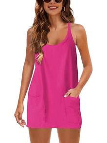 Women's Summer Sleeveless Mini Dress With Built-In Shorts - 亮粉紅色 - 查看 3