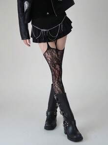 1/2 双花藤吊袜带，女式连体蕾丝提花渔网袜