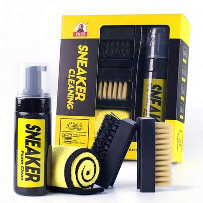 Kit pulitore per scarpe da ginnastica, kit per la pulizia di scarpe bianche, con 2 spazzole per scarpe e asciugamano inclusi, detergente in schiuma senza acqua per scarpe sportive, con spazzola per scarpe e panno per scarpe, funziona su scarpe bianche, camoscio, stivali, tela, PU, tessuto, ecc., spazzola per pulizia, spazzola per scarpe, detergente per scarpe, strumenti per la pulizia