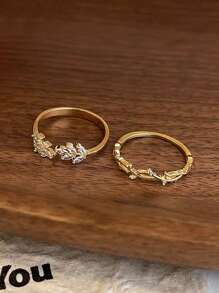Set de 2 anillos de mujer con diseño de hoja y piedras de circonita de cobre, versátil para uso diario, citas, fiestas, estilo clásico francés
