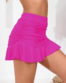 Halcurt Women's High Waisted Ruched Ruffle Swim Skirt With Shorts Tummy Control Tankini Swim Skort Bikini Swimsuit Bottoms - 粉色 - 查看 3