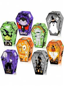 12 piezas Cajas de dulces de Halloween, cajas de papel con forma de ataúd con diseños de calavera, murciélago y fantasma para decoración y regalos de la fiesta de Halloween