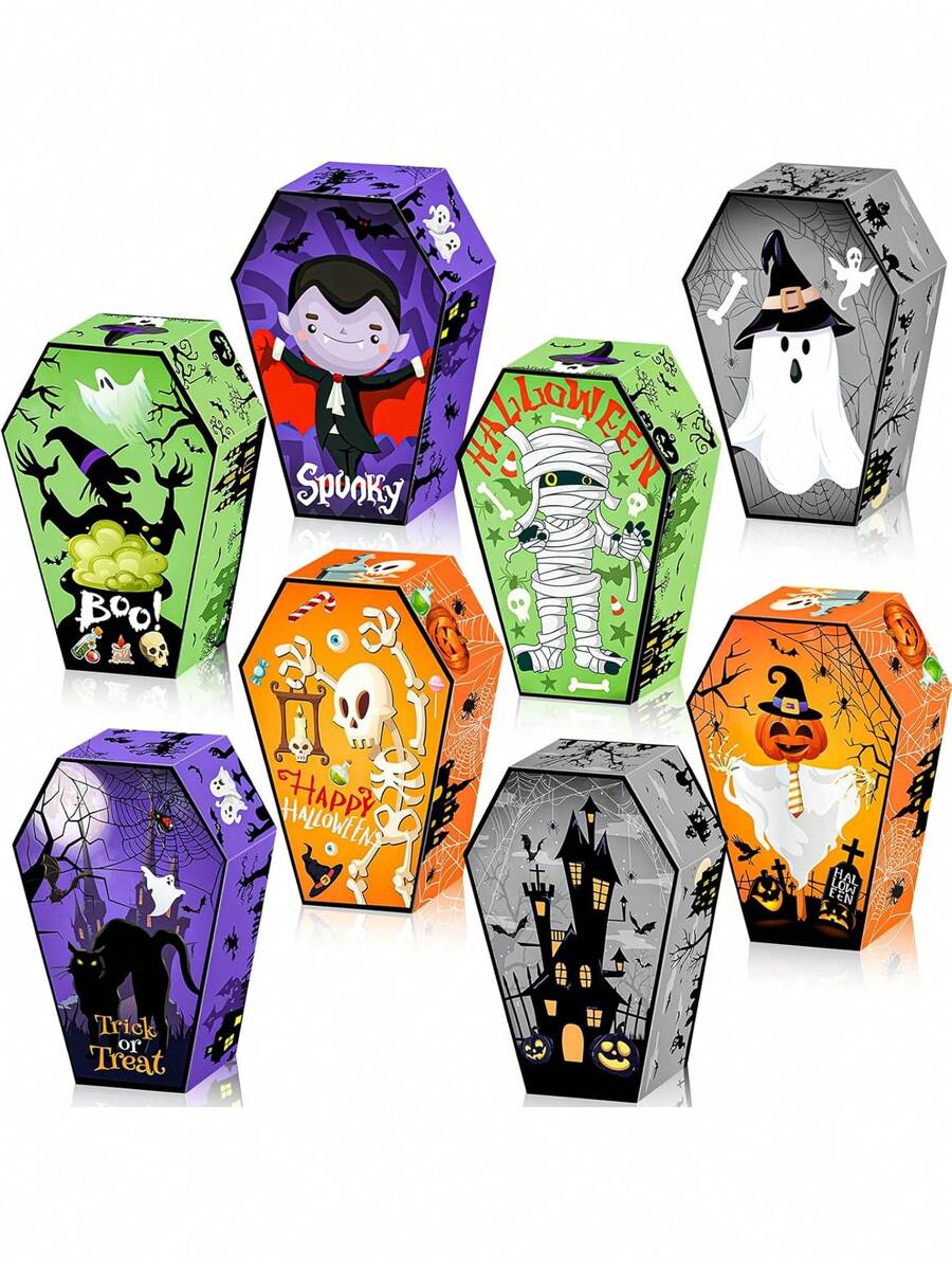 12 piezas Cajas de dulces de Halloween, cajas de papel con forma de ataúd con diseños de calavera, murciélago y fantasma para decoración y regalos de la fiesta de Halloween