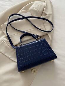 Bolso cuadrado de mano de moda mini unicolor de PU con solapa - Azul Marino - Ver 7