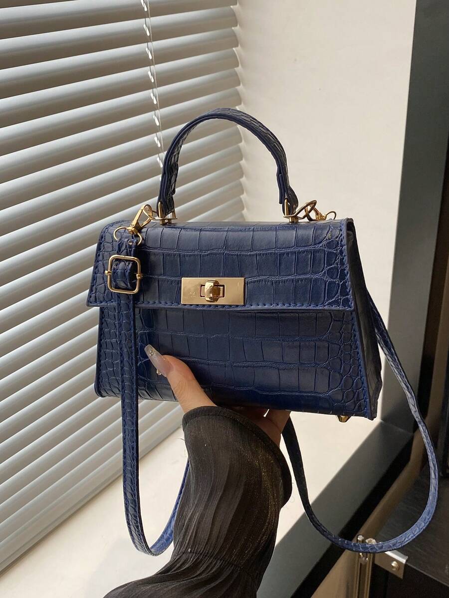 Bolso cuadrado de mano de moda mini unicolor de PU con solapa - Azul Marino - Ver 1
