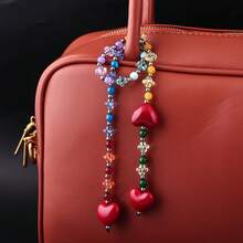Llavero con cuentas y corazón rojo de estilo coreano Y2K, adecuado como pequeño regalo sorpresa para amigos, familiares o novia - Colgante de bolsa con cristal rosa y azul - Multicolor - Ver 2