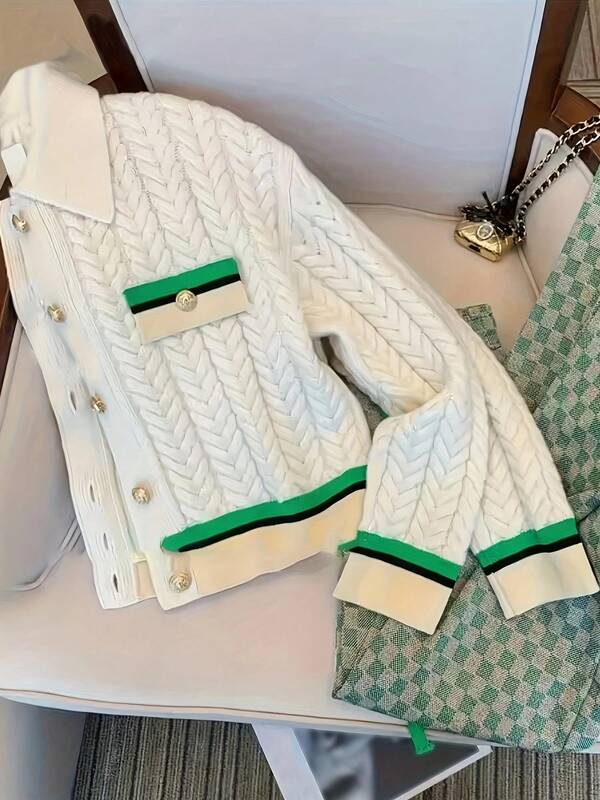 Women's Knitted Elegant Two Pieces Sweater Set With Contrasting Trim And Green Plaid Pants, Comfortable And Fashionable Combination, Stylish And Elegant, Suitable For Daily Outing Commuting Cardigan Trousers Autumn And Winter Women's Clothing