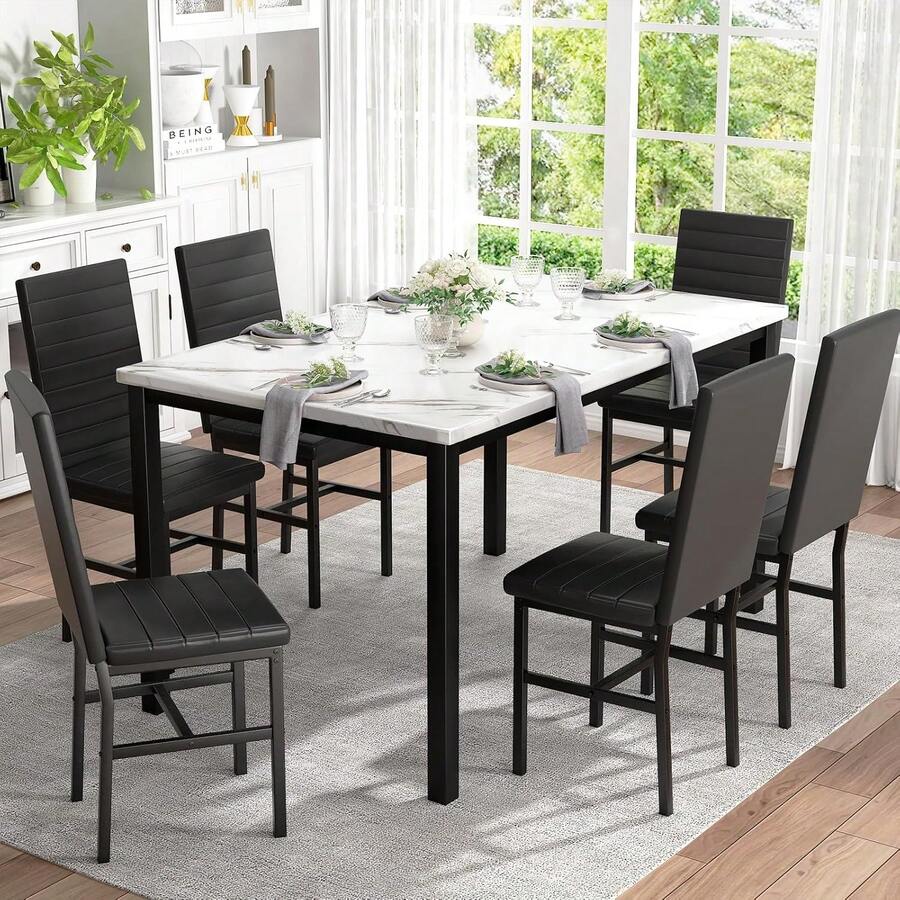 Recaceik Dinner Table Set For 6,Faux Marble Dining Room Table Set,7 Piece Dining Table Set For 6 With PU Leather For Kitchen And Dining (White & Black) - Black - View 1