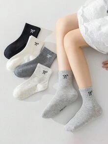 5双儿童袜子，纯色蝴蝶结图案女童四季可爱休闲简约日常旅行可穿儿童中筒袜。