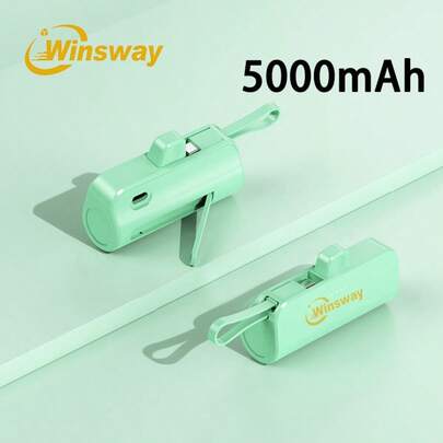 Winsway 5000mAh Portable Capsule Power Bank With Built-In Type-C Dual Interface And Mobile Phone Holder, Can Be Taken On Board. The Design Is Compact And Easy To Carry.