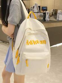 1pc White Nylon Casual Collegiate Style Letter Print Large Capacity Foldable Quilted Multi-Pocket Zipper Backpack, Suitable For Daily School, Training, Women's Commute, Outing, Shopping, Travel, Vacation, Gifts For Back To School And Graduation Season
