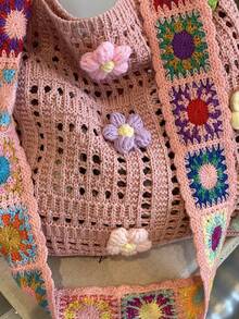Dedoo Bohemian Style Women's Tote Bag, Large Capacity Open-Top Handbag, Beach Bag, Travel Accessory, Woven Texture, Suitable For Work, School, Beach, Crochet, Holiday (Flower Color/Position Random) (Strap Color/Pattern Random) - Pink - View 11