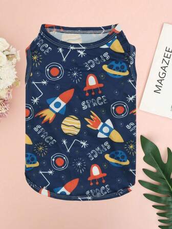 1pc Rocket Print Sport Style Cats And Dogs Vest, T-Shirt, Shirt For Cats And Small And Medium Dogs Clothing